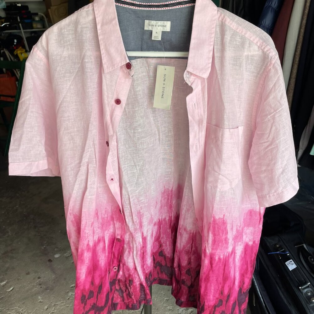 Sun + Stone Mens Milo Ombre Linen Blend Short Sleeve Button Down Shirt Pink XL